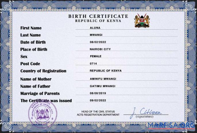 Downloadable Kenya vital record birth certificate PSD template